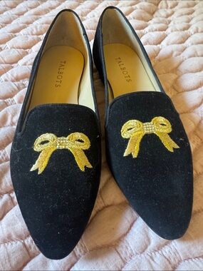 Talbots Black Velvet Pointed Loafers with Gold Bow Embroidery Accents